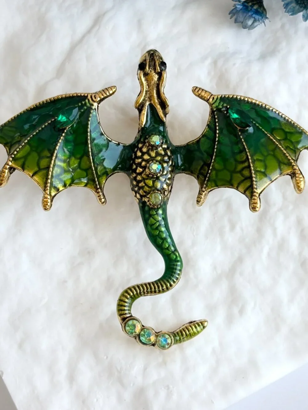 Dragon Figural Green Enameled Rhinestone Accented Gold Toned Brooch Pin